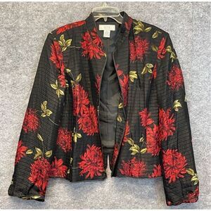 NEXX Women’s Jacket XL Black Red Floral Silk Linen Blend Open Front Quilted